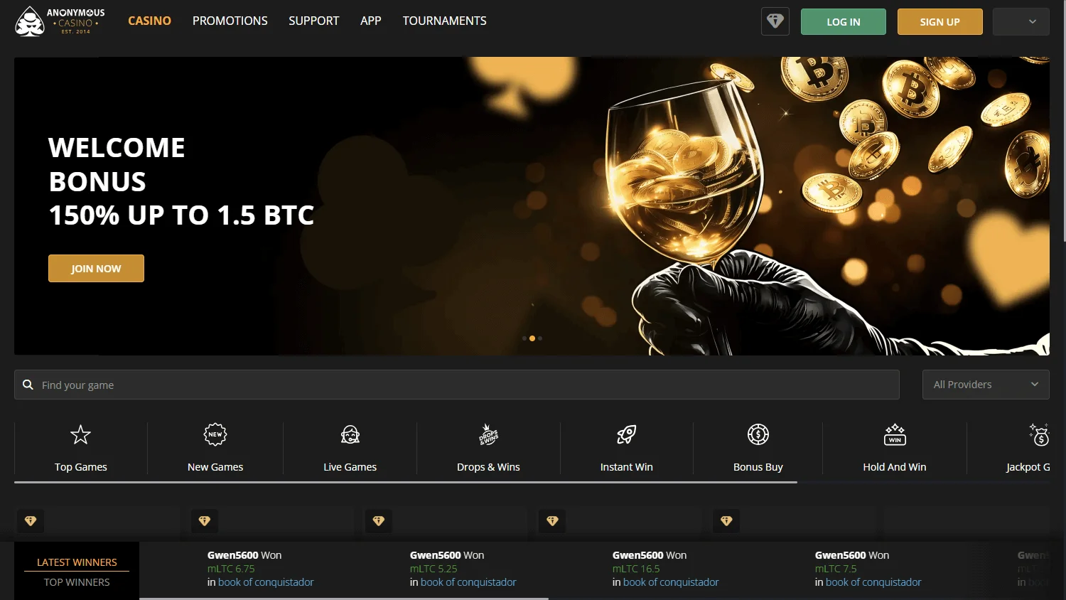 Anonymous Casino desktop games interface with slots and casino game categories