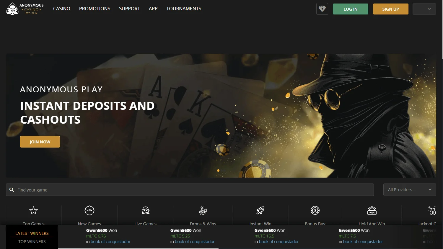 Anonymous Casino desktop home interface with crypto casino access and promotional content