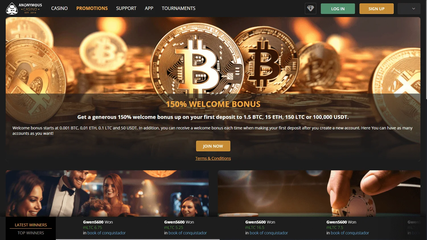 Anonymous Casino desktop promotions interface with bonuses and tournament rewards