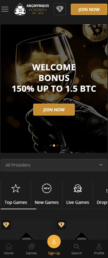 Anonymous Casino mobile games interface with casino titles