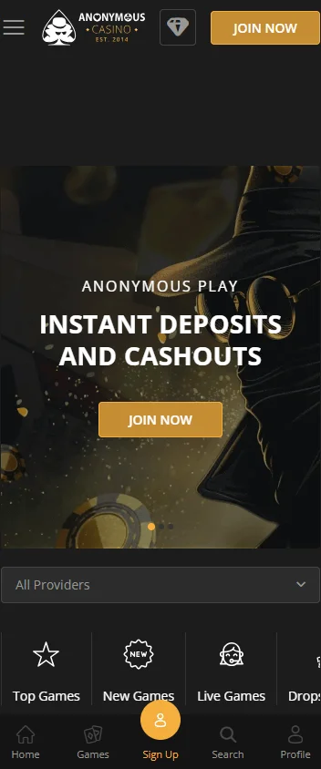 Anonymous Casino mobile home interface on a smartphone